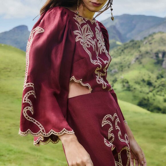 FARM Rio Red Artisanal Cut-out Embroidered Euroflax™ Premium Linen Maxi Dress - Picture 2 of 7